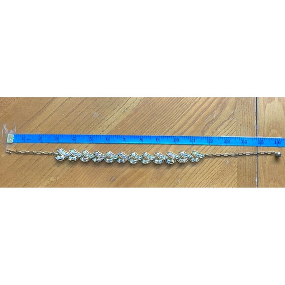 Vintage 50s Gold Tone Aurora Borealis Rhinestone Choker Necklace Leaf Design - Picture 7 of 7